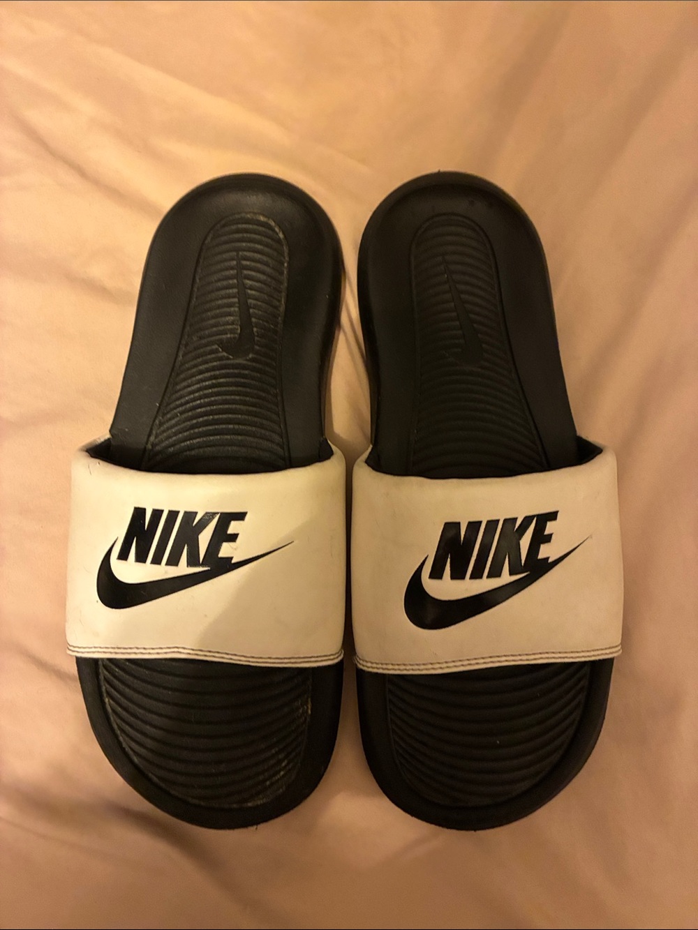 Nike Black Slide Sandals with White Strap and Black Logo